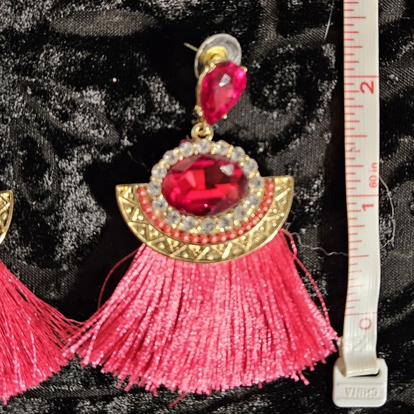 Red Ruby, Diamond, and Fringe Statement Earrings - Picture 2 of 5